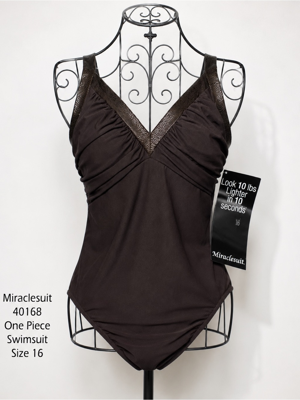 Miraclesuit 40168 One Piece Swimsuit Sz 16 Chocolate Brown Metallic V Neck NWT